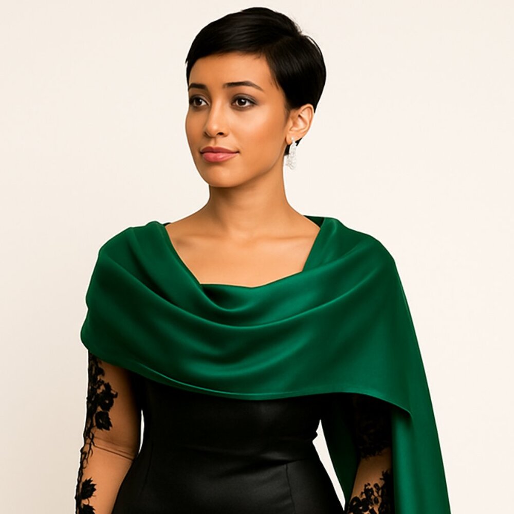 Green Satin Evening Shawl Wrap – Extra-Long 25.6 × 86.6 in Bridal Pashmina